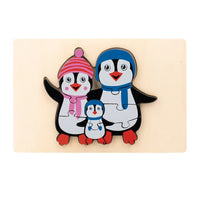 Penguin family puzzle wearing knitted hats and scarves