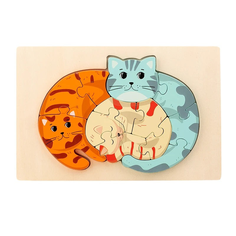 Layered cat family puzzle in orange and grey wooden pieces