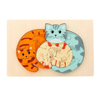 Layered cat family puzzle in orange and grey wooden pieces