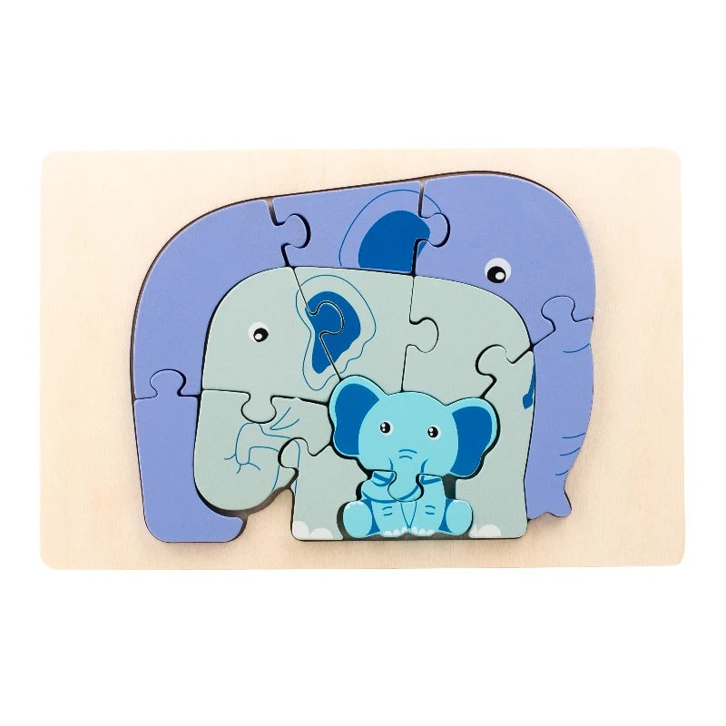 Elephant family puzzle in blue and lilac wooden layers