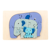 Elephant family puzzle in blue and lilac wooden layers