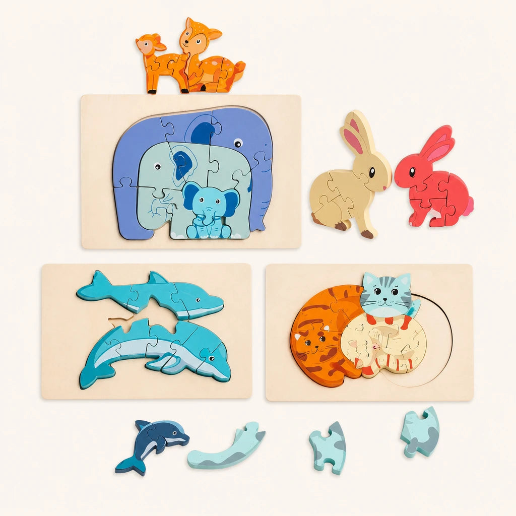 3D Wooden Animal Puzzle - Montessori Learning Set shown complete on a plain background