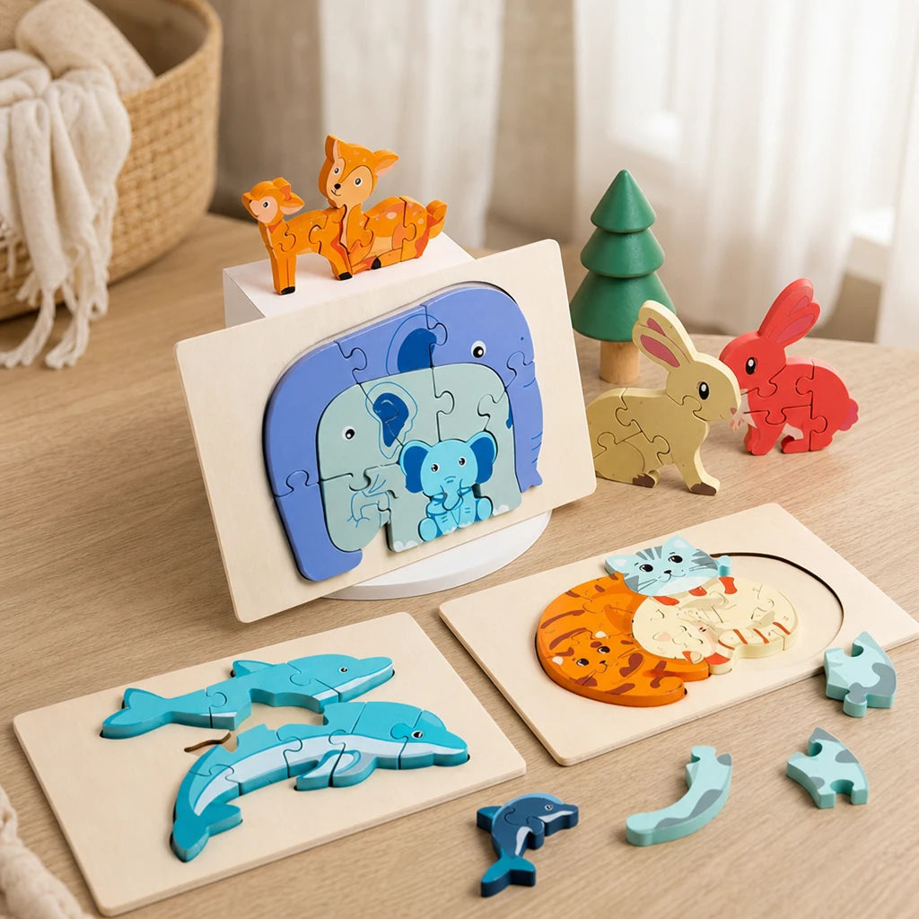 3D Wooden Animal Puzzle - Montessori Learning Set set out on a real table at home