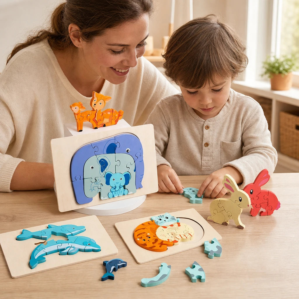 Child playing with the 3D Wooden Animal Puzzle - Montessori Learning Set
