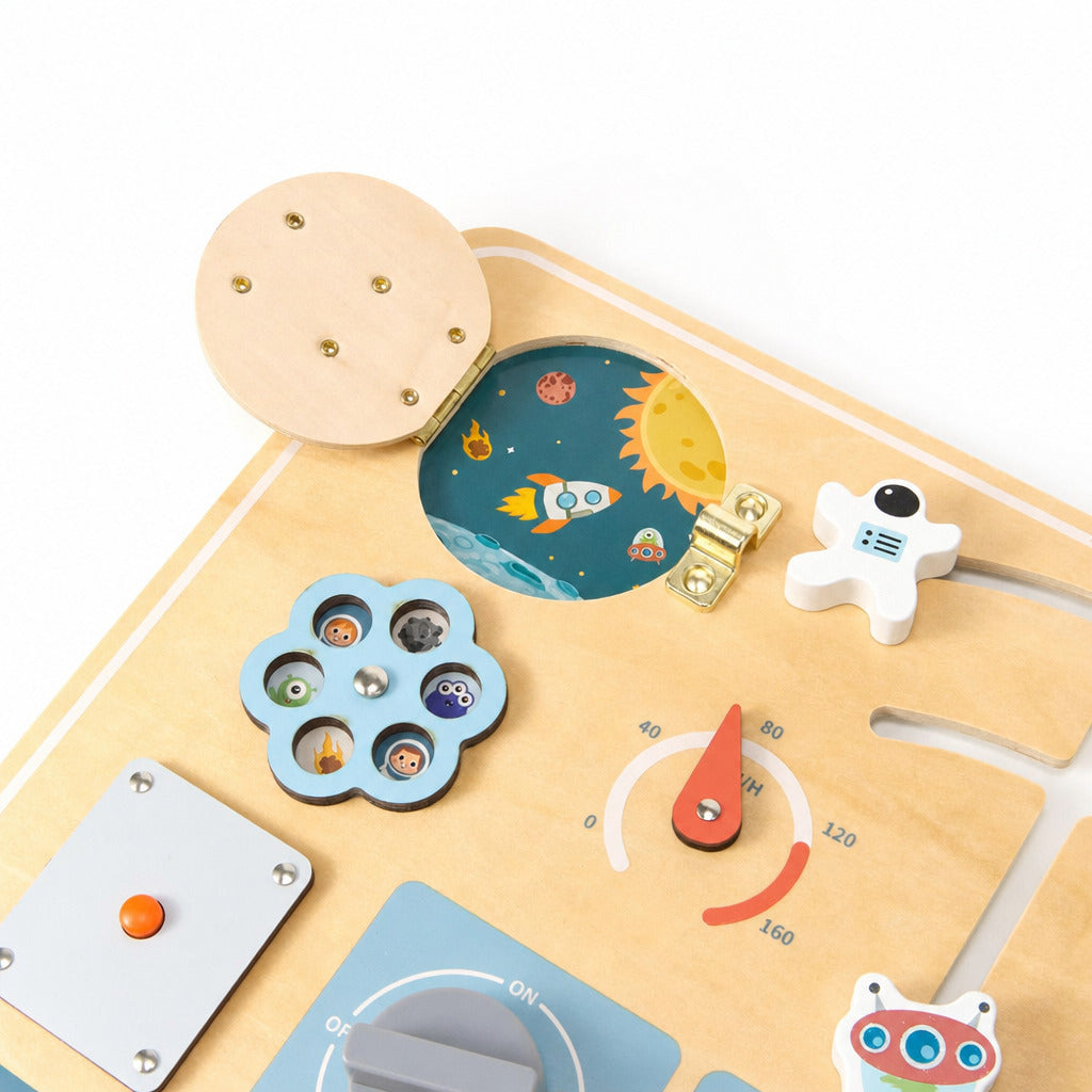 Space activity board with planet dials, gears and rotating discs