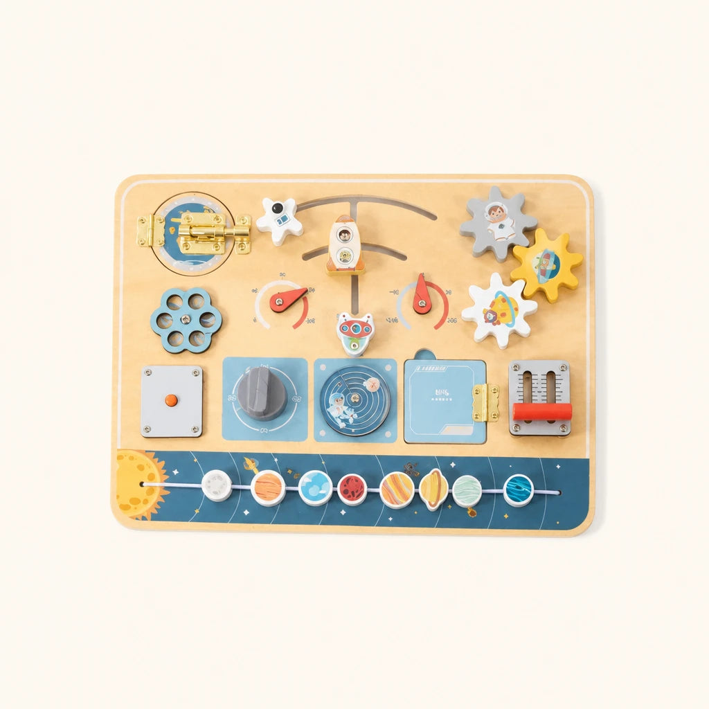 Activity Board Toddler Space Theme shown complete on a plain background