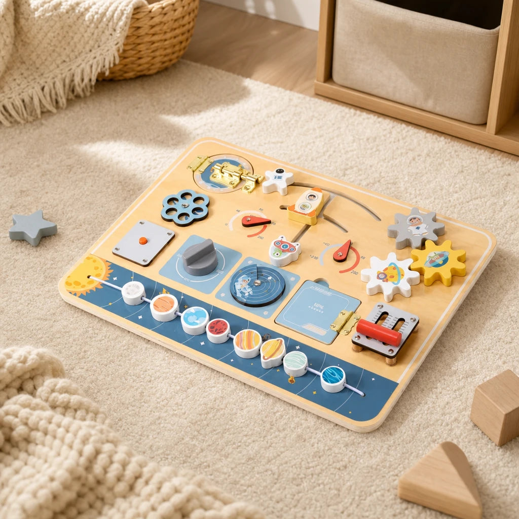 Activity Board Toddler Space Theme set out on a real table at home