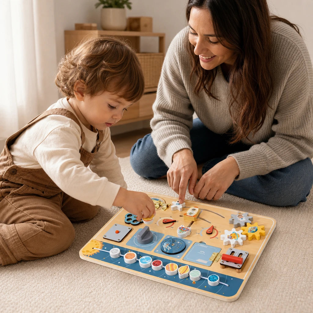 Child playing with the Activity Board Toddler Space Theme