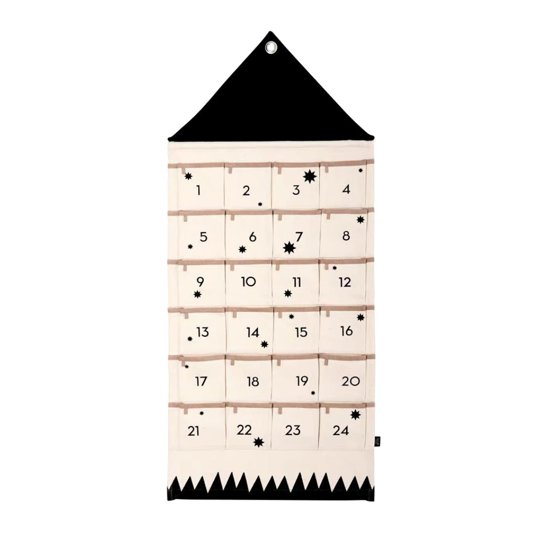 Fabric advent calendar with 24 numbered pockets and a black roof