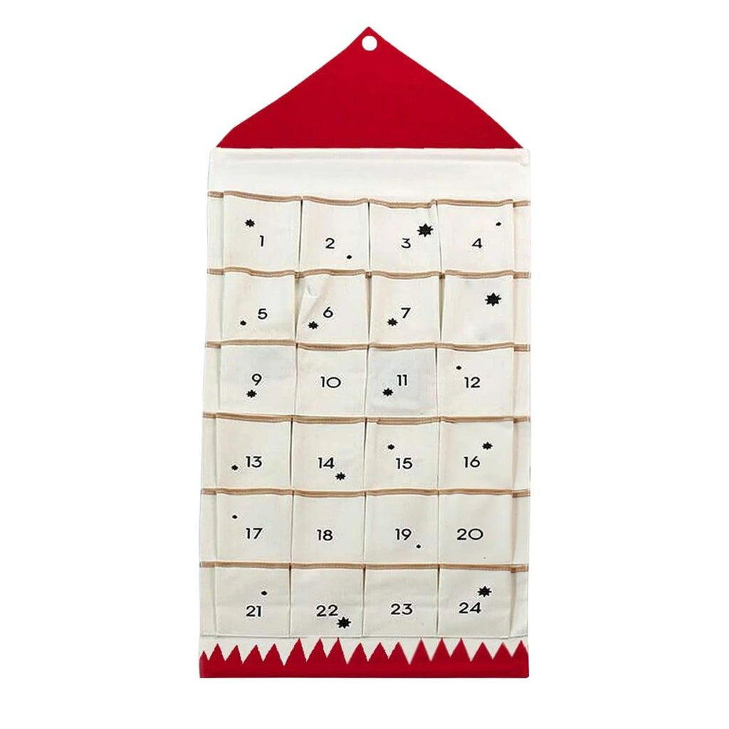 Fabric advent calendar with a red roof and 24 numbered pockets