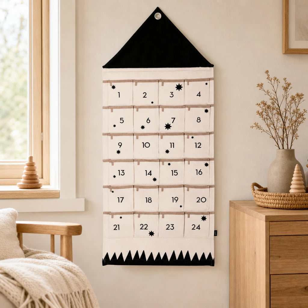 Advent Calendar Toddler – Fabric Wall Calendar 24 Pockets set out on a real table at home