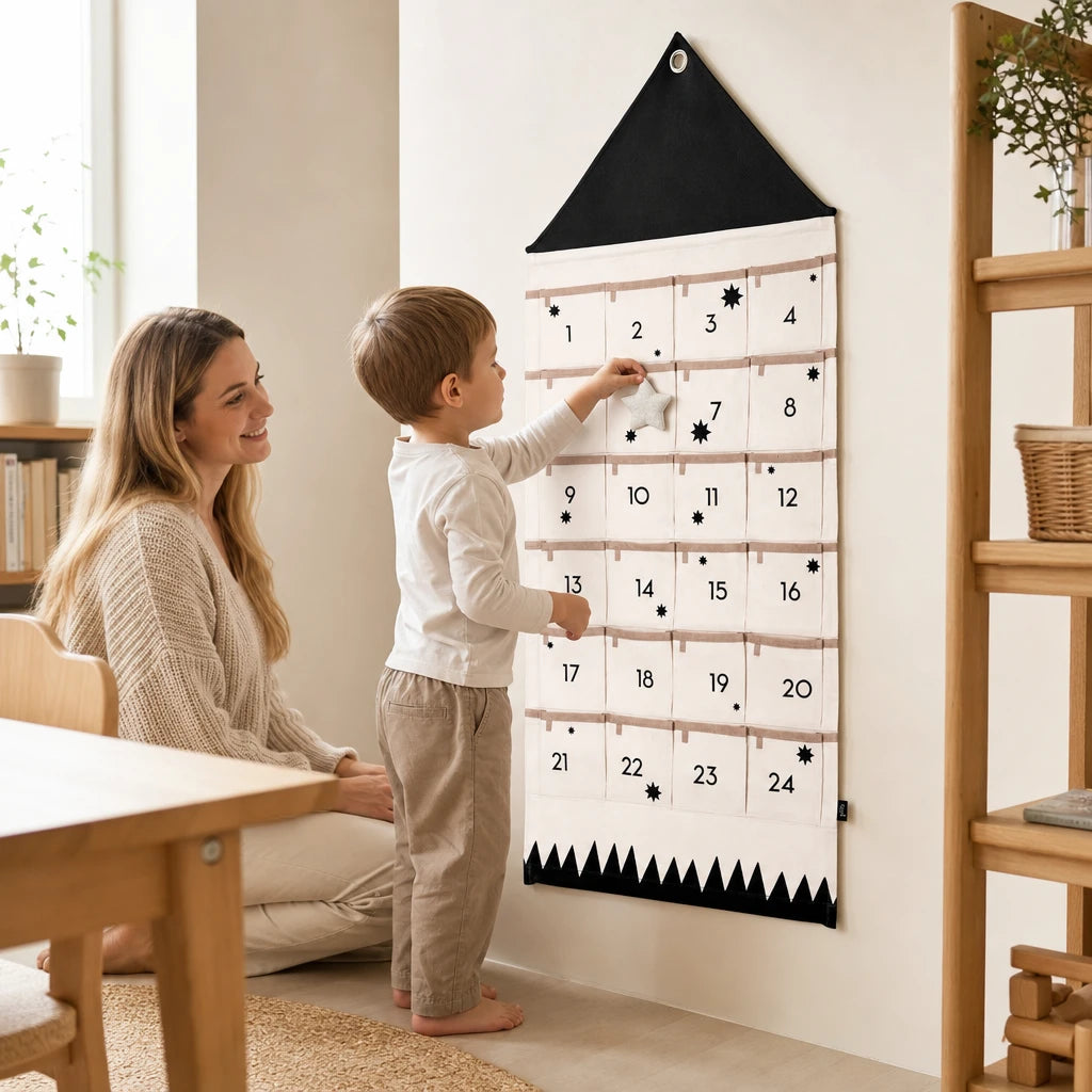 Child playing with the Advent Calendar Toddler – Fabric Wall Calendar 24 Pockets