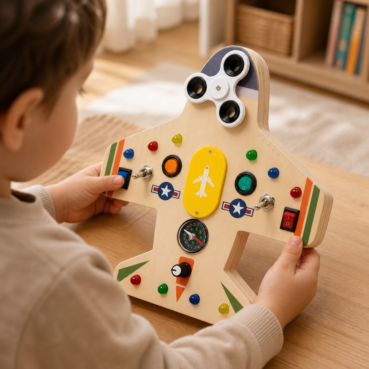 Airplane Busy Board LED Switch Toy - utilisation close up