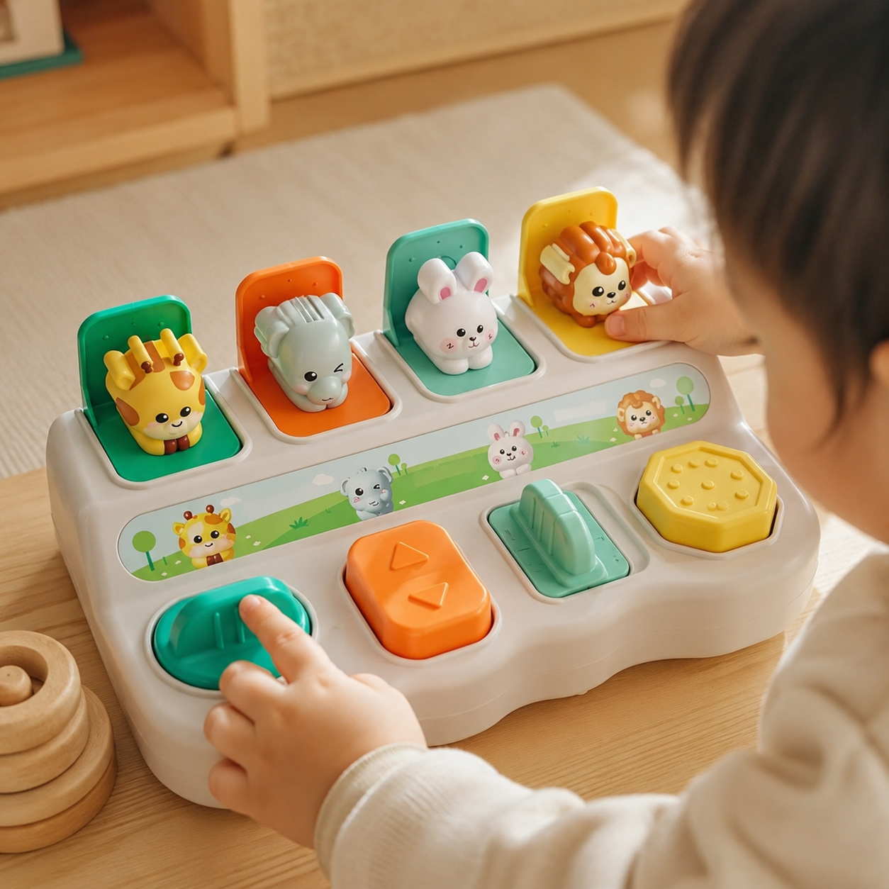 Animal Puzzle Box Pop-Up Hide and Seek Toy - utilisation close up