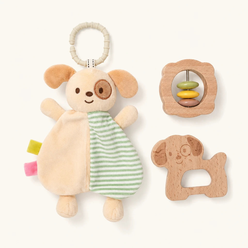 Baby Comfort Toy Set with Teether and Rattle — complete set on a neutral background