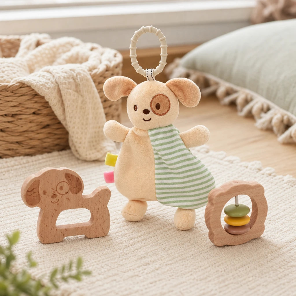 Baby Comfort Toy Set with Teether and Rattle shown on a real table surface