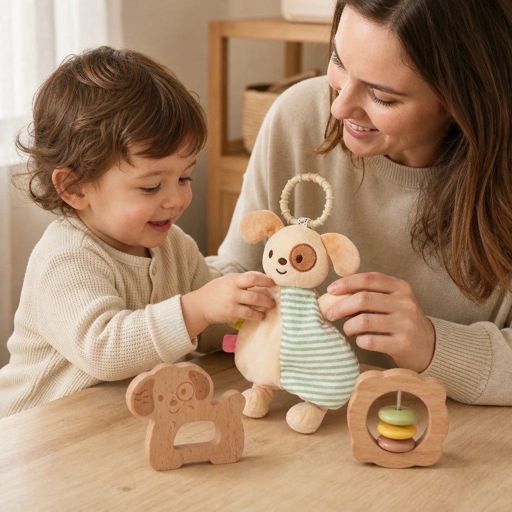 Child using the Baby Comfort Toy Set with Teether and Rattle