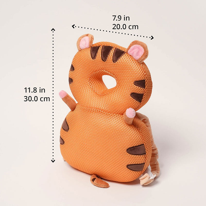 Orange tiger head protector seen from behind, shown with dimensions