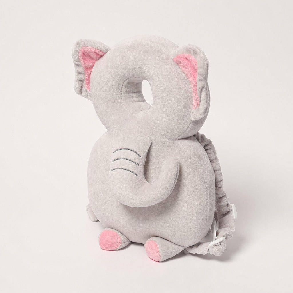 Grey elephant baby head protector worn on the back, rear view