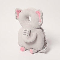Grey elephant baby head protector worn on the back, rear view