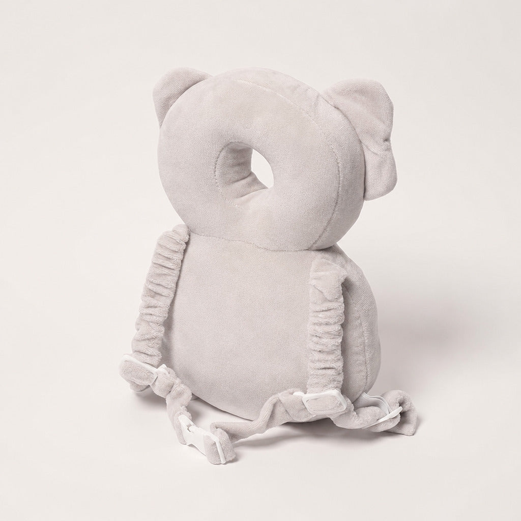 Grey koala baby head protector with adjustable straps, rear view