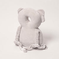 Grey koala baby head protector with adjustable straps, rear view