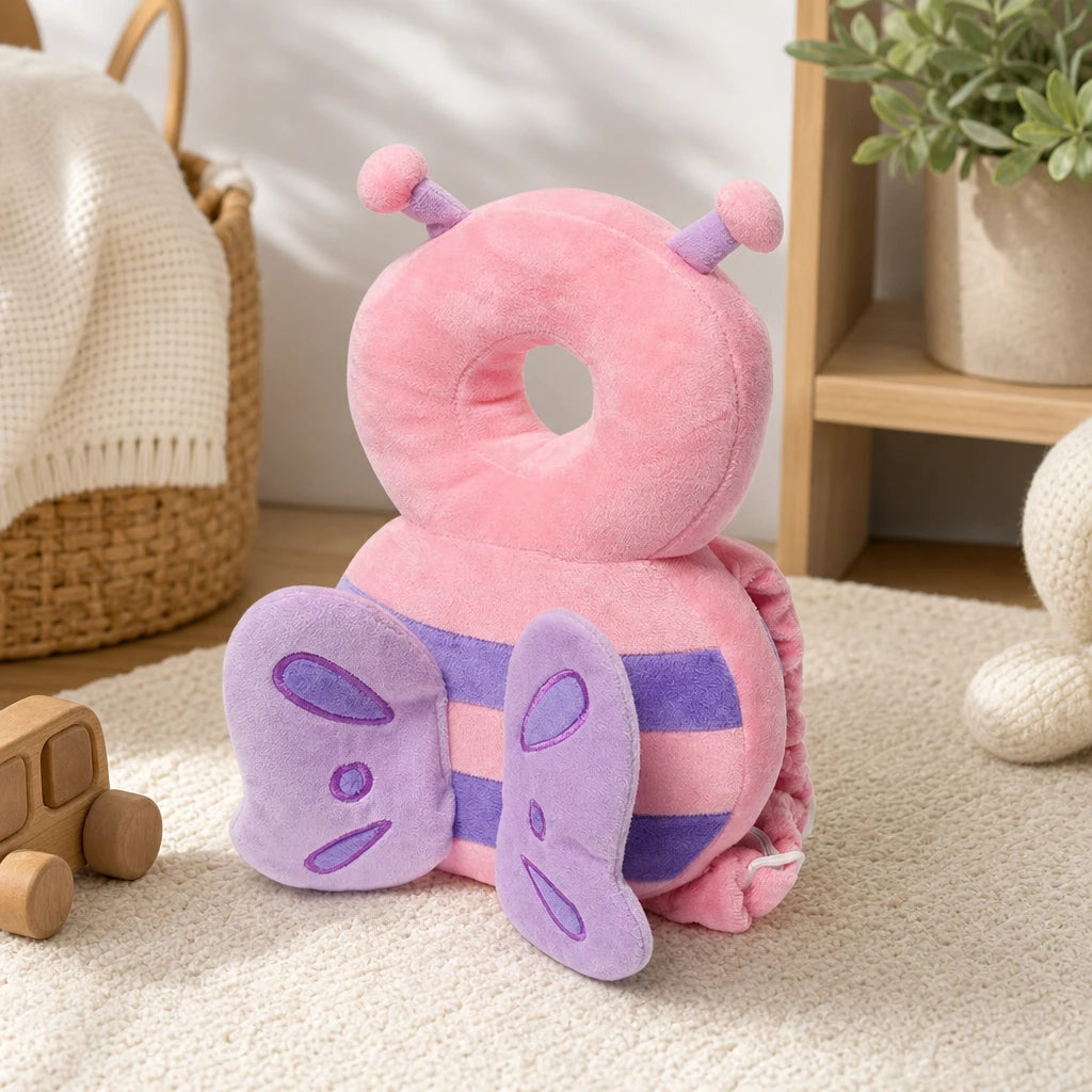 Baby Head Protector Bee Design Walking Safety Pillow set out on a real table at home