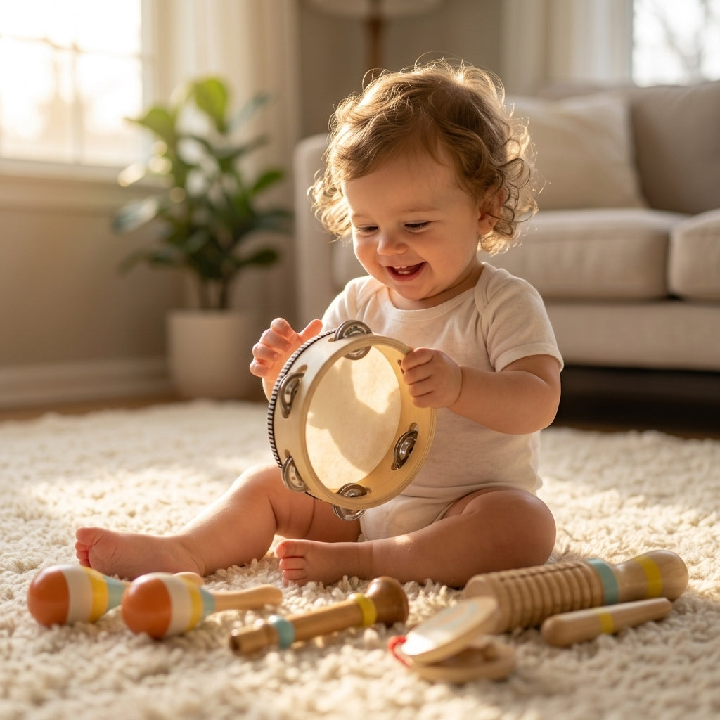 Baby shaking a tambourine surrounded by wooden maracas on a rug