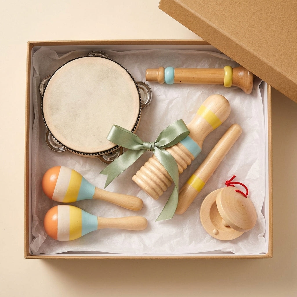 Wooden instrument set presented in a gift box with a ribbon