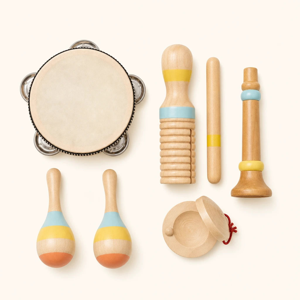 Baby Music Instruments Wooden Set - 5 Pieces shown complete on a plain background