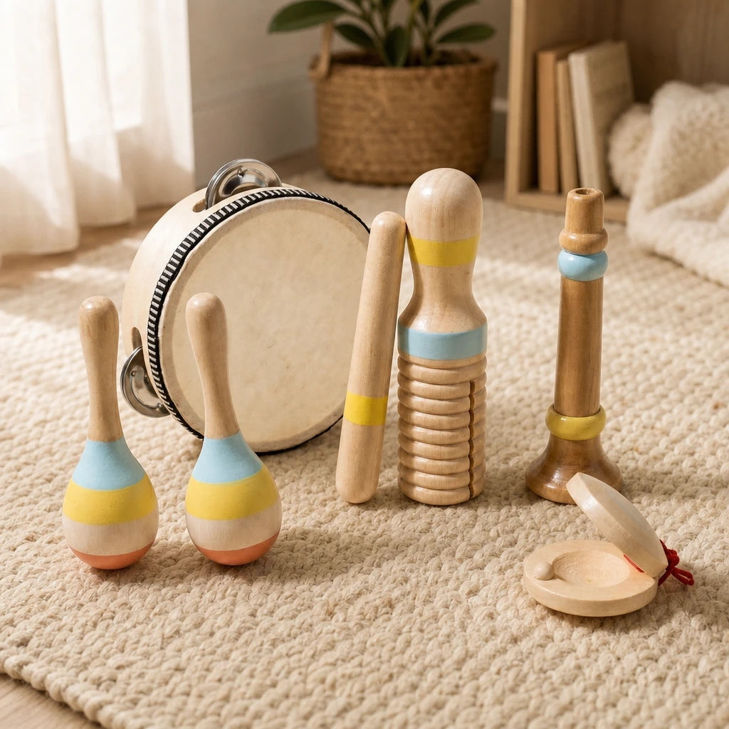 Baby Music Instruments Wooden Set - 5 Pieces set out on a real table at home