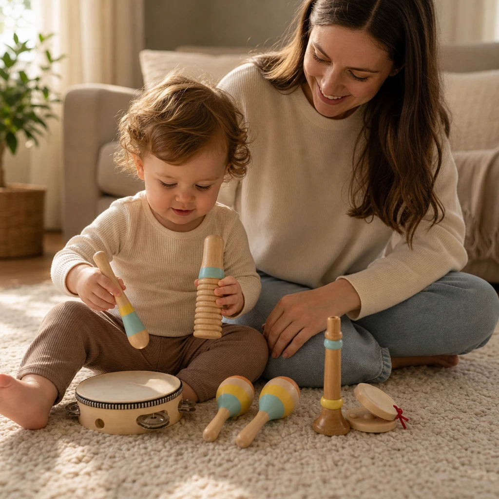 Child playing with the Baby Music Instruments Wooden Set - 5 Pieces