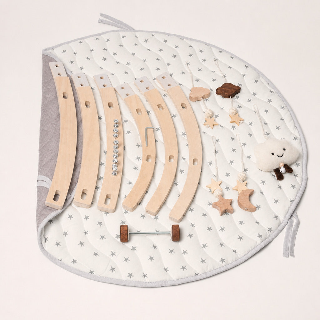 Baby play gym mat with wooden arch folded flat, star print