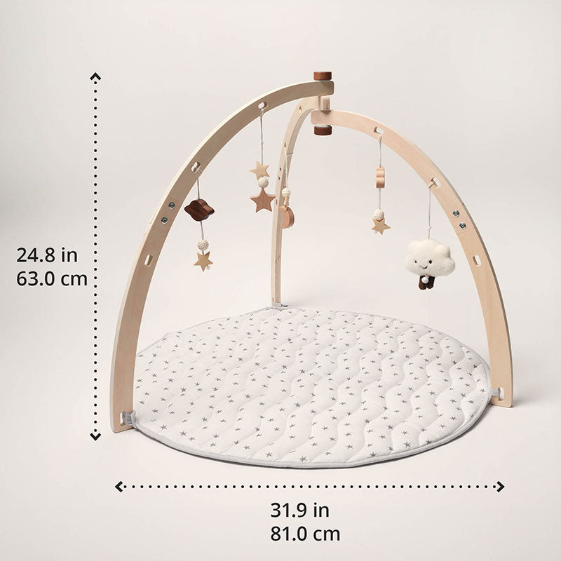 Baby play gym with its arch and star mat, shown with dimensions