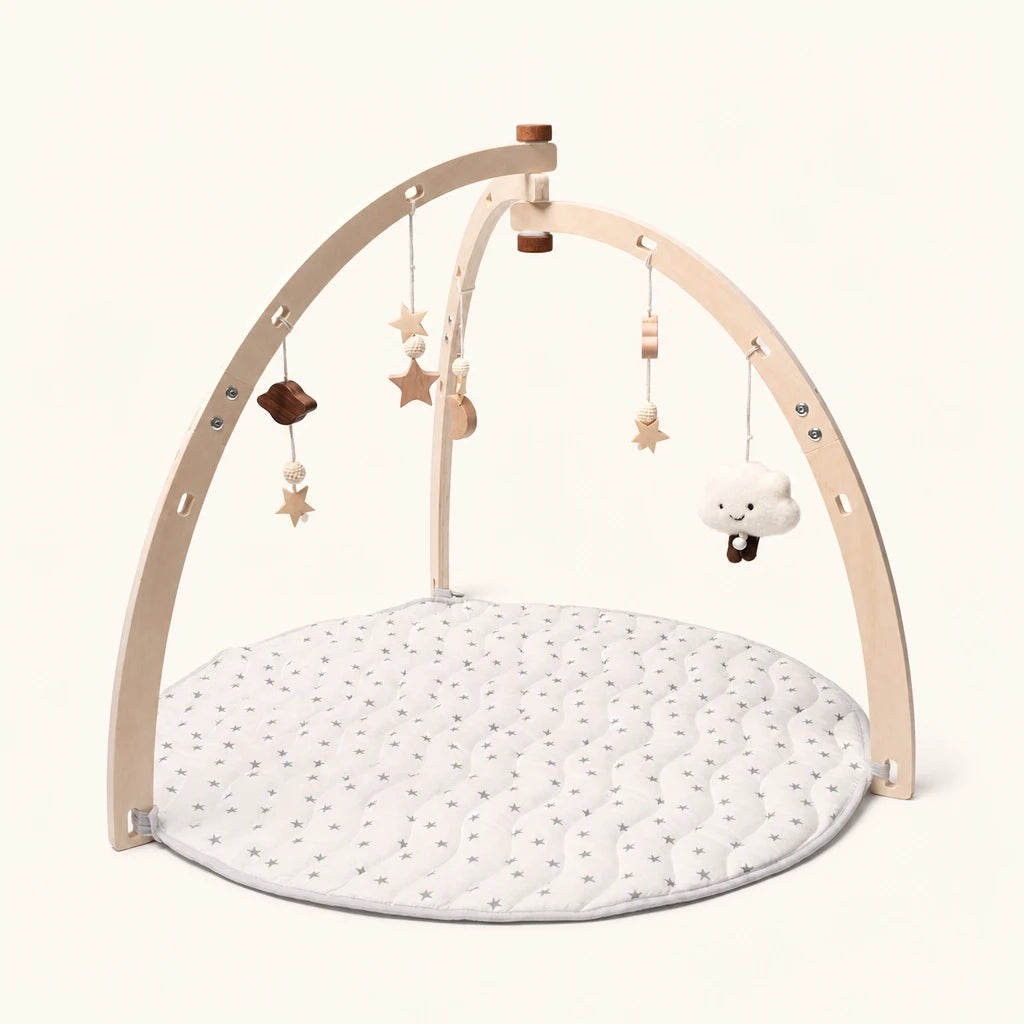 Baby Play Gym Wooden Arch & Mat shown complete on a plain background