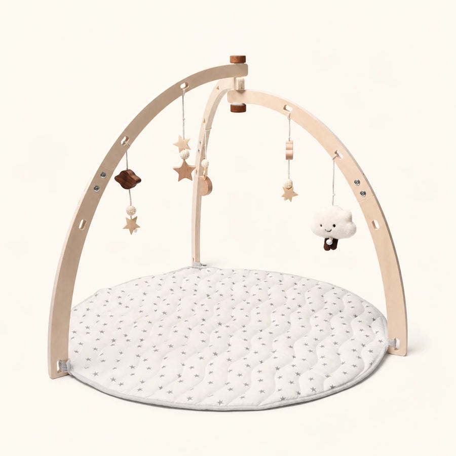 Baby Play Gym Wooden Arch & Mat shown complete on a plain background