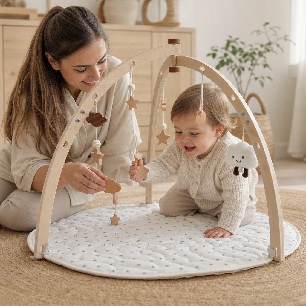 Child playing with the Baby Play Gym Wooden Arch & Mat