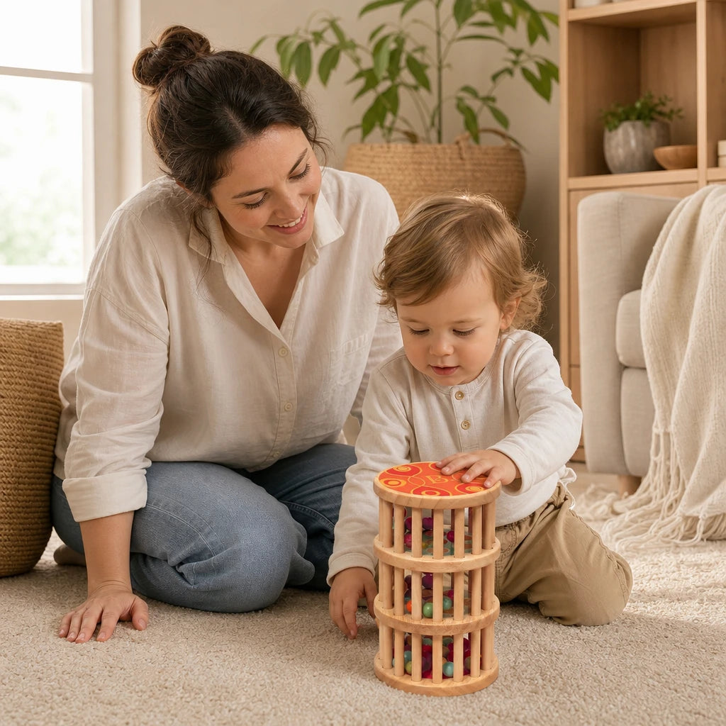 Child playing with the Baby Rain Stick Wooden Sensory Toy