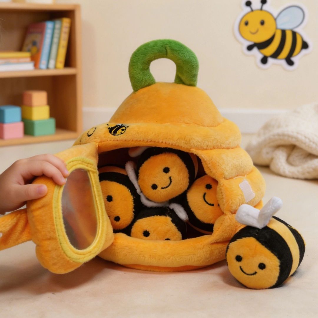 Plush beehive with smiling bee soft toys tucked inside