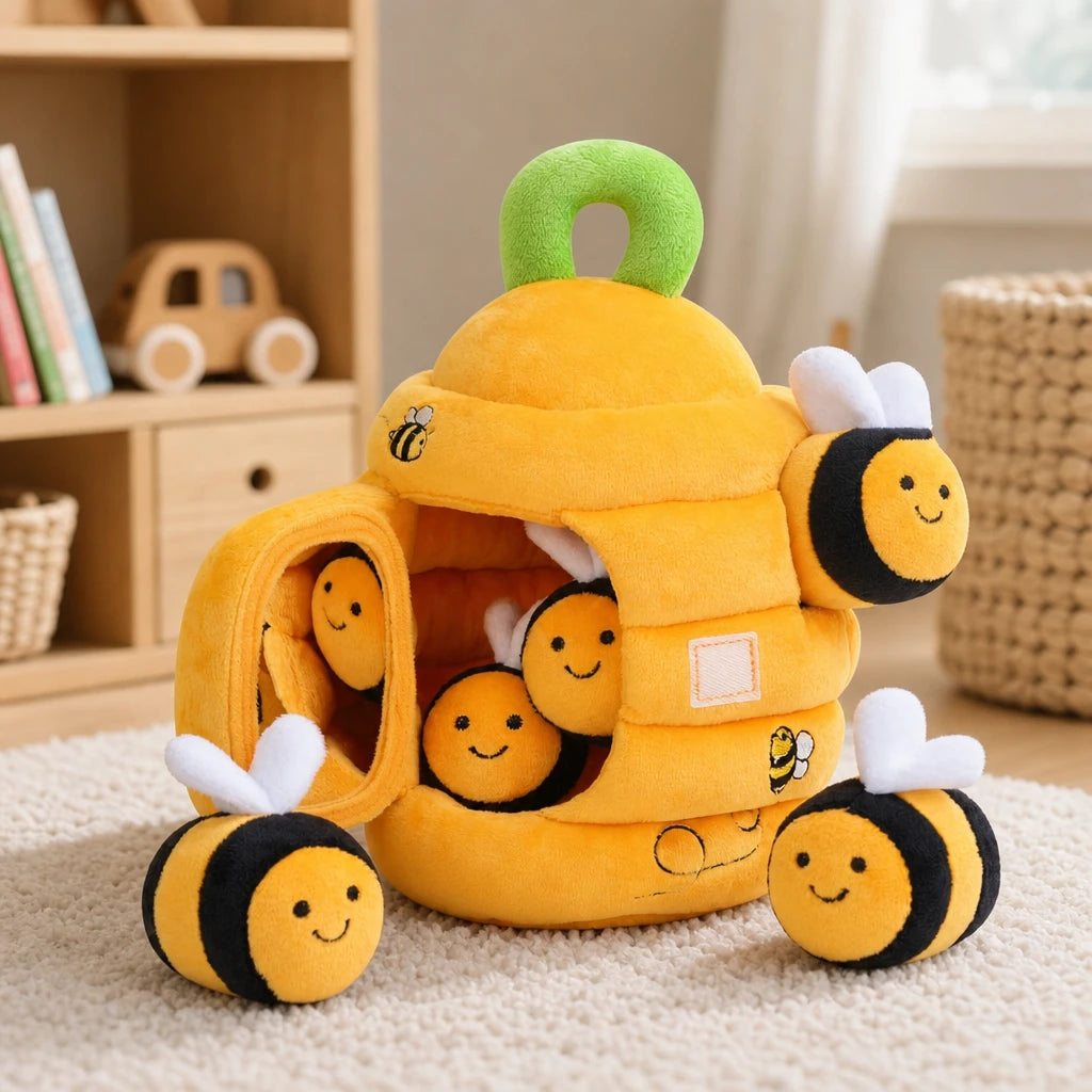 Baby Sensory Beehive with 5 Plush Bees set out on a real table at home