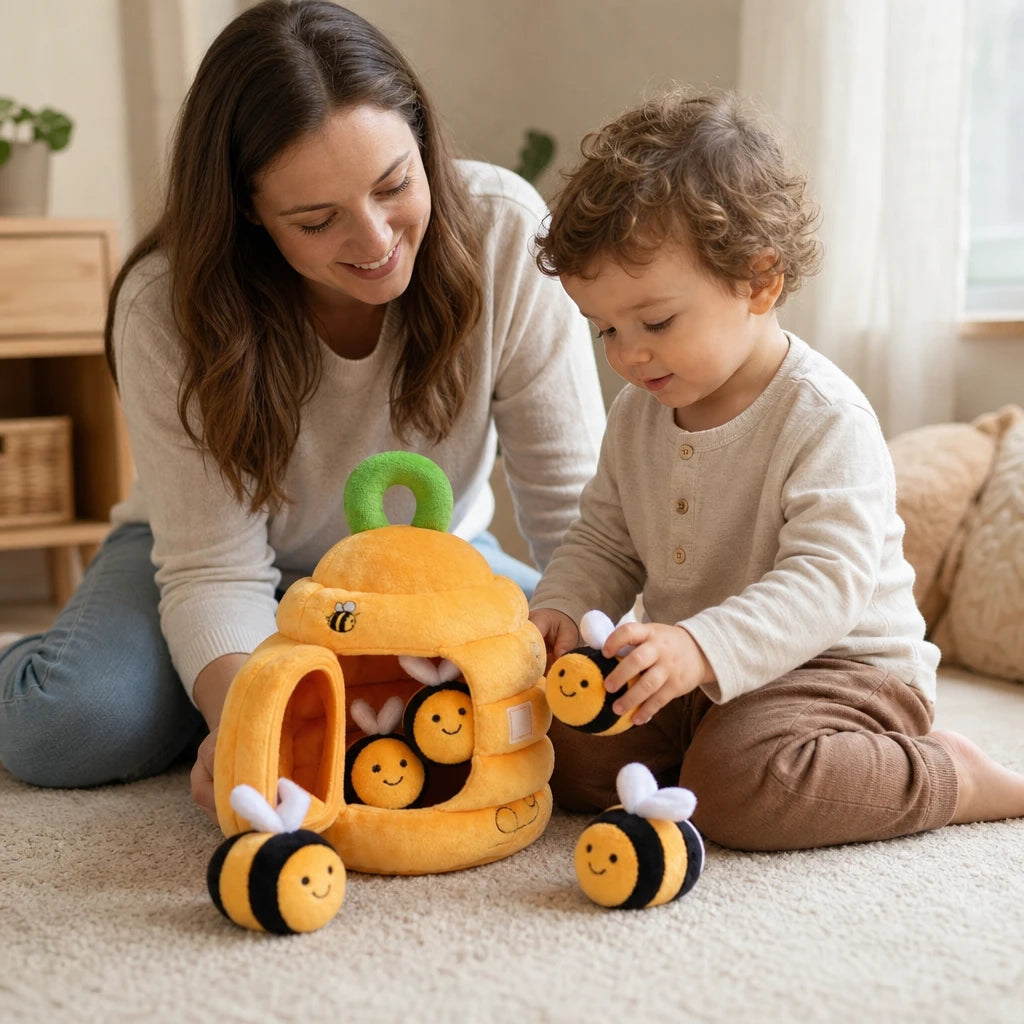 Child playing with the Baby Sensory Beehive with 5 Plush Bees