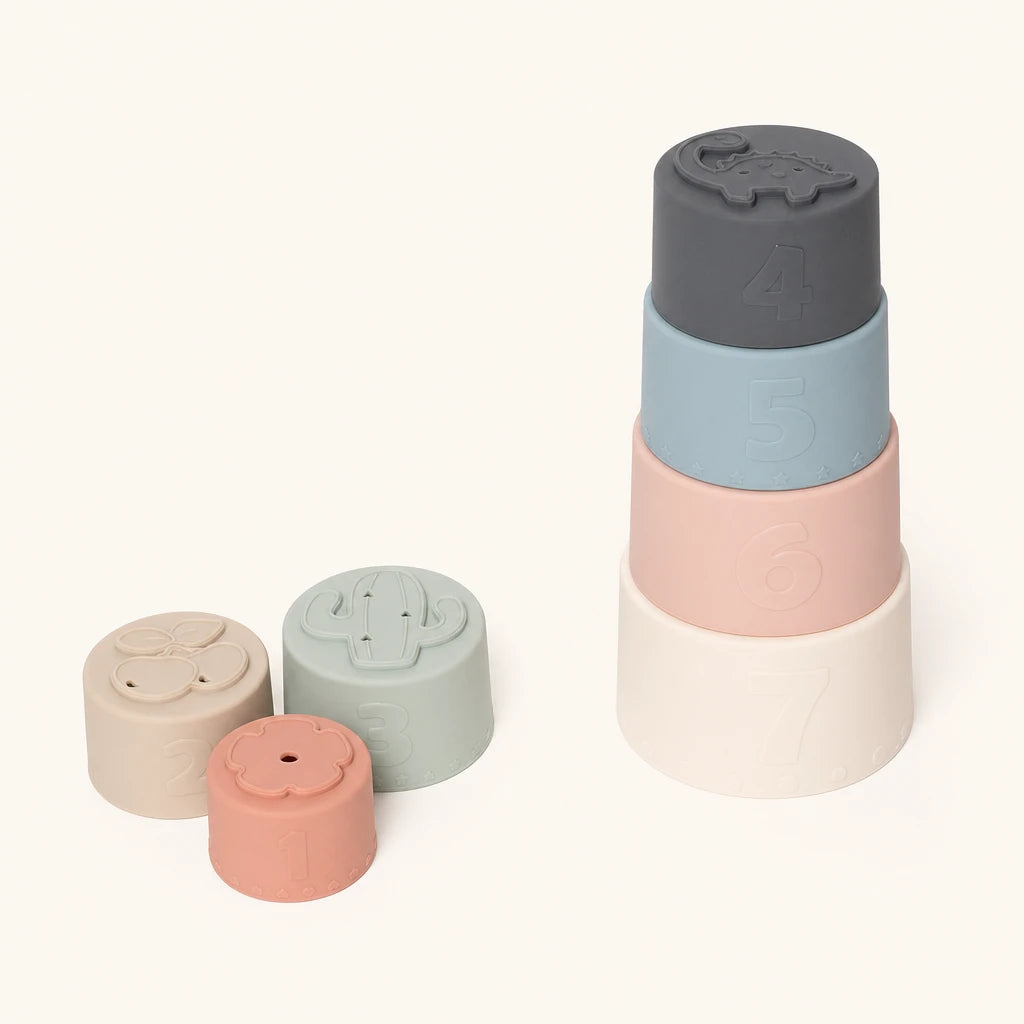 Baby Stacking Cups Silicone Animal Design Set — complete set on a neutral background