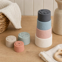 Baby Stacking Cups Silicone Animal Design Set shown on a real table surface