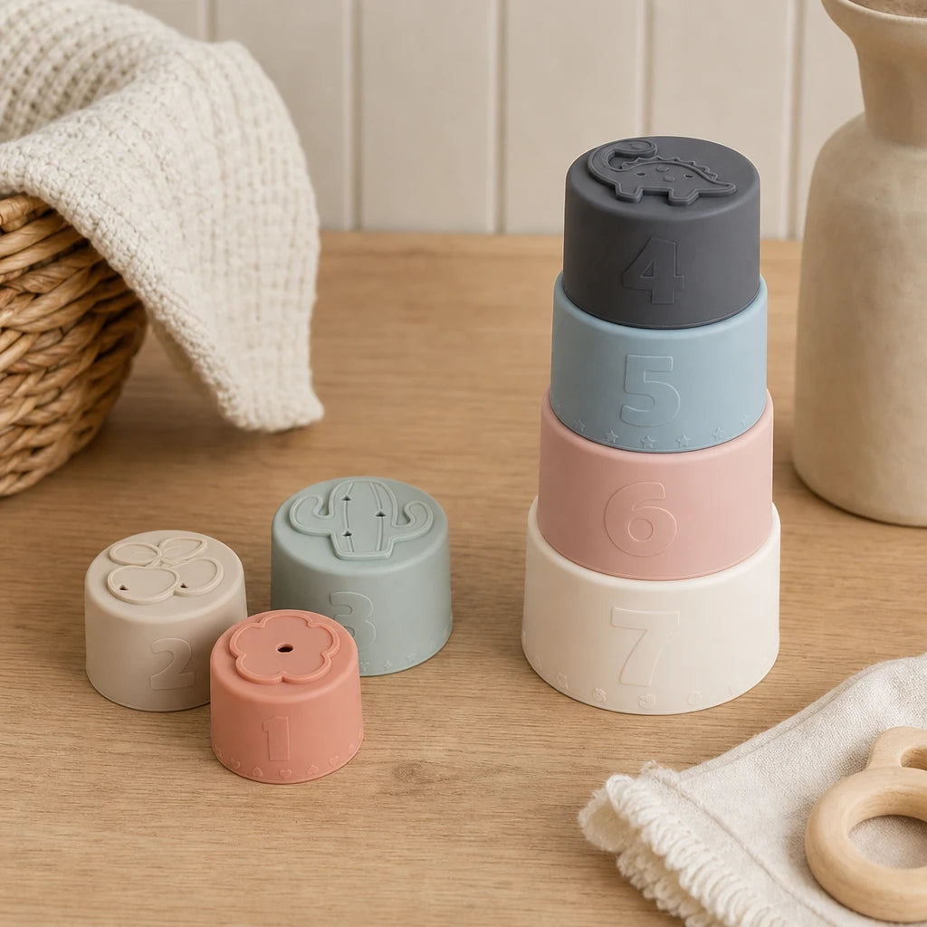 Baby Stacking Cups Silicone Animal Design Set shown on a real table surface