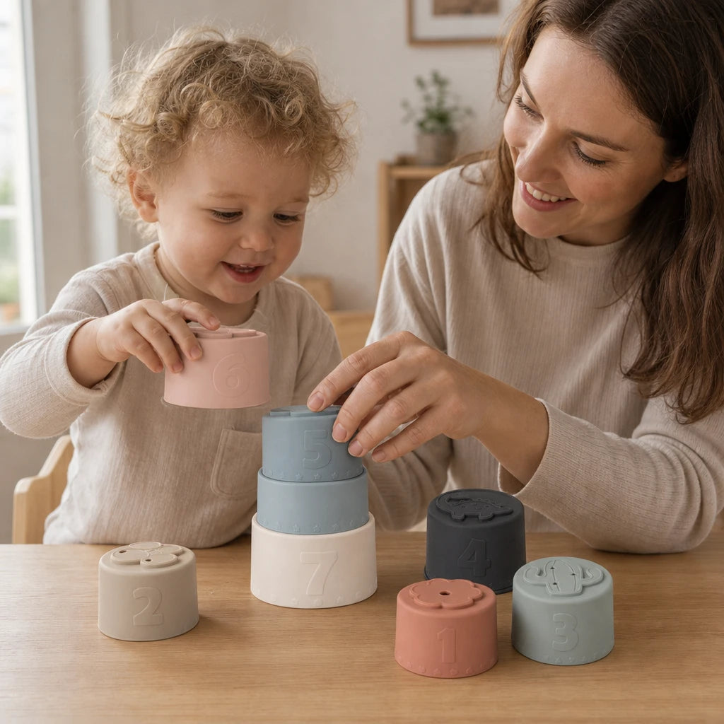 Child using the Baby Stacking Cups Silicone Animal Design Set