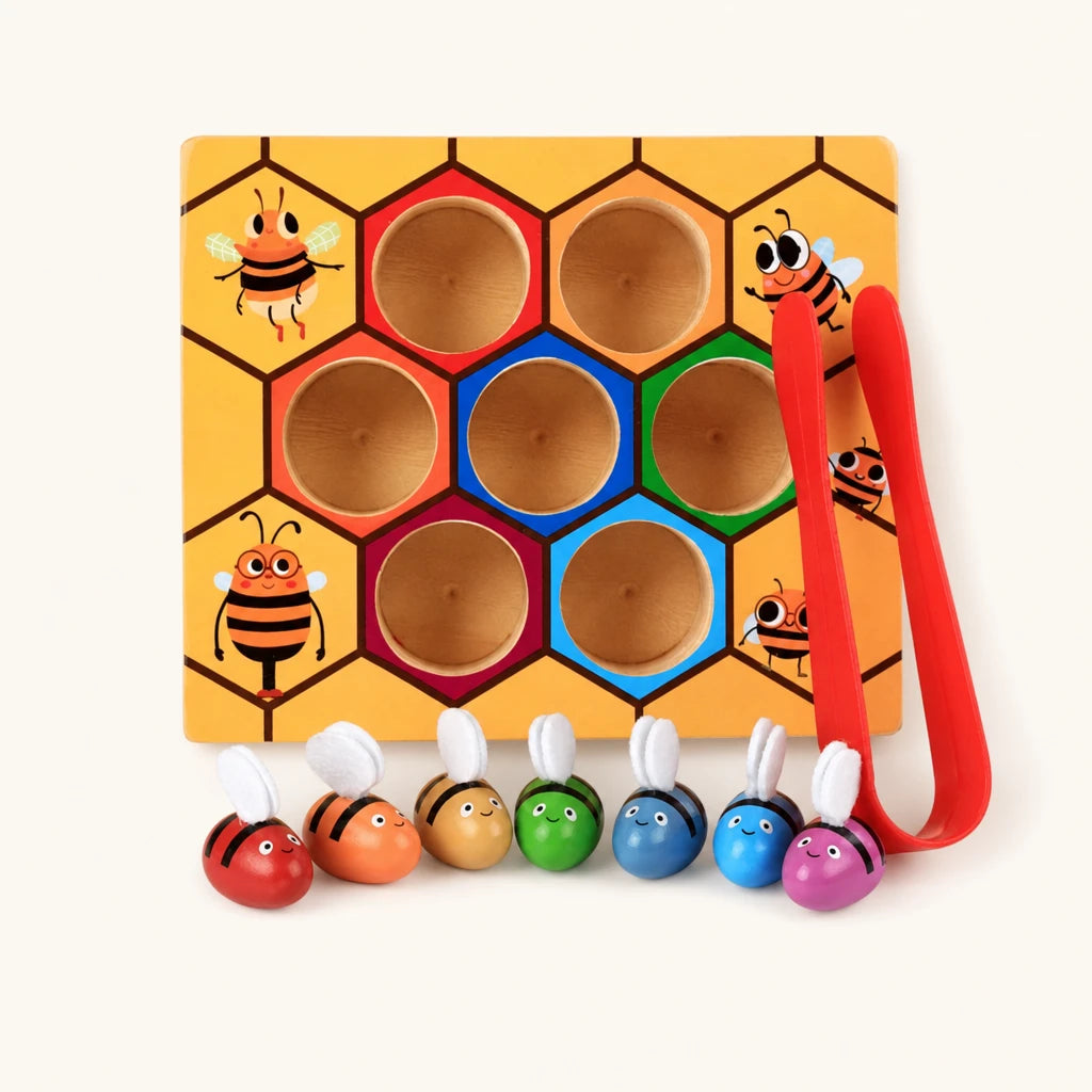 Beehive Sorting Toy with Tweezers shown complete on a plain background