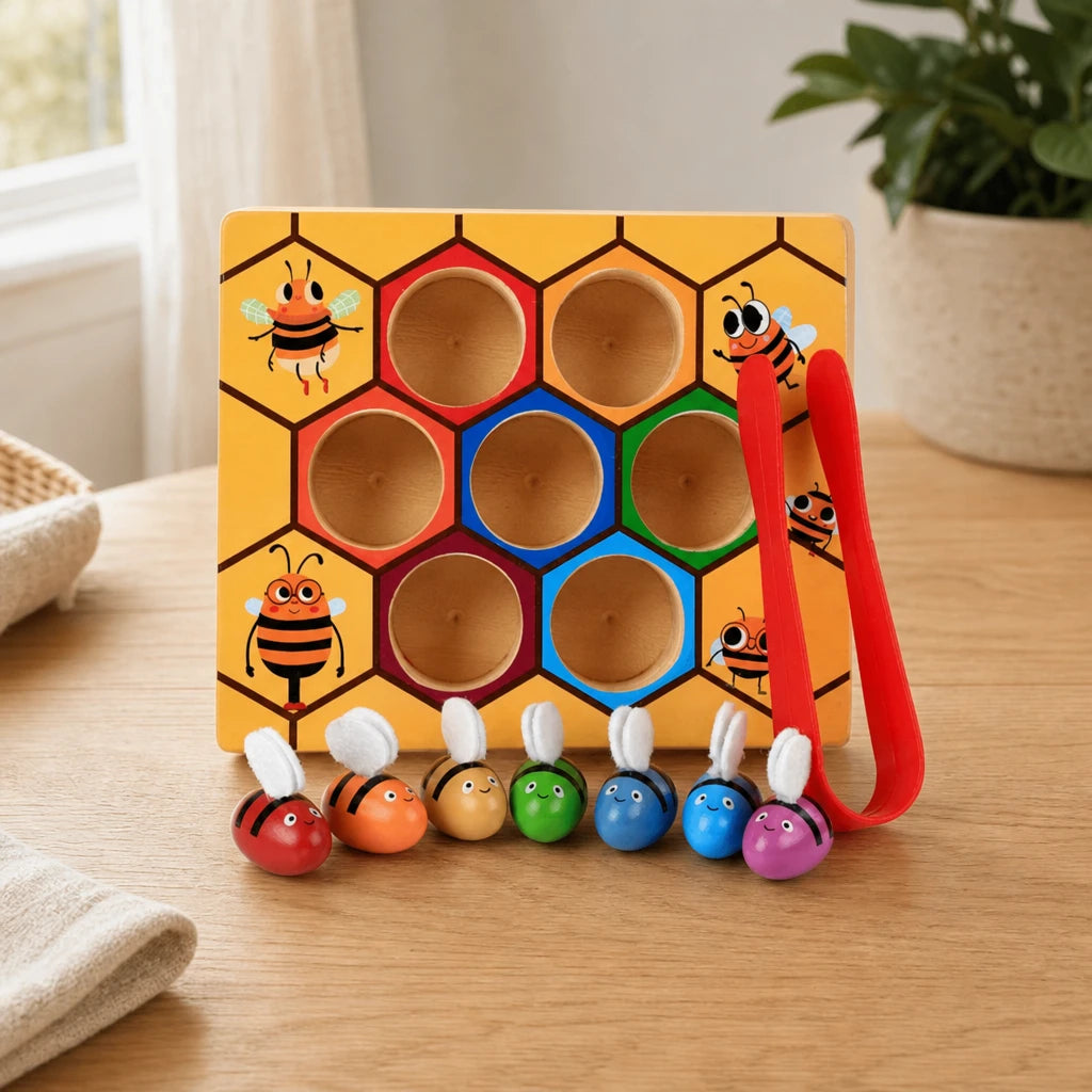 Beehive Sorting Toy with Tweezers set out on a real table at home