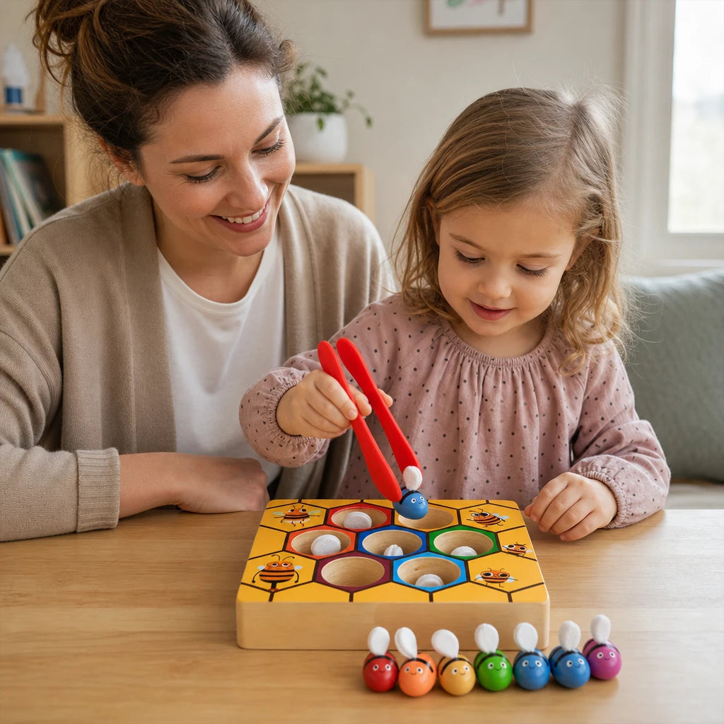 Child playing with the Beehive Sorting Toy with Tweezers