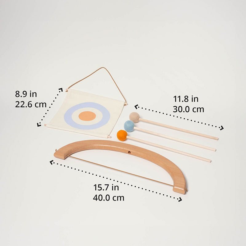 Bow, arrows and hanging target laid out, shown with dimensions