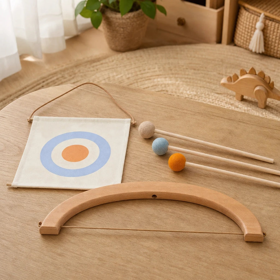 Bow and Arrow Set Wooden Archery Toy set out on a real table at home